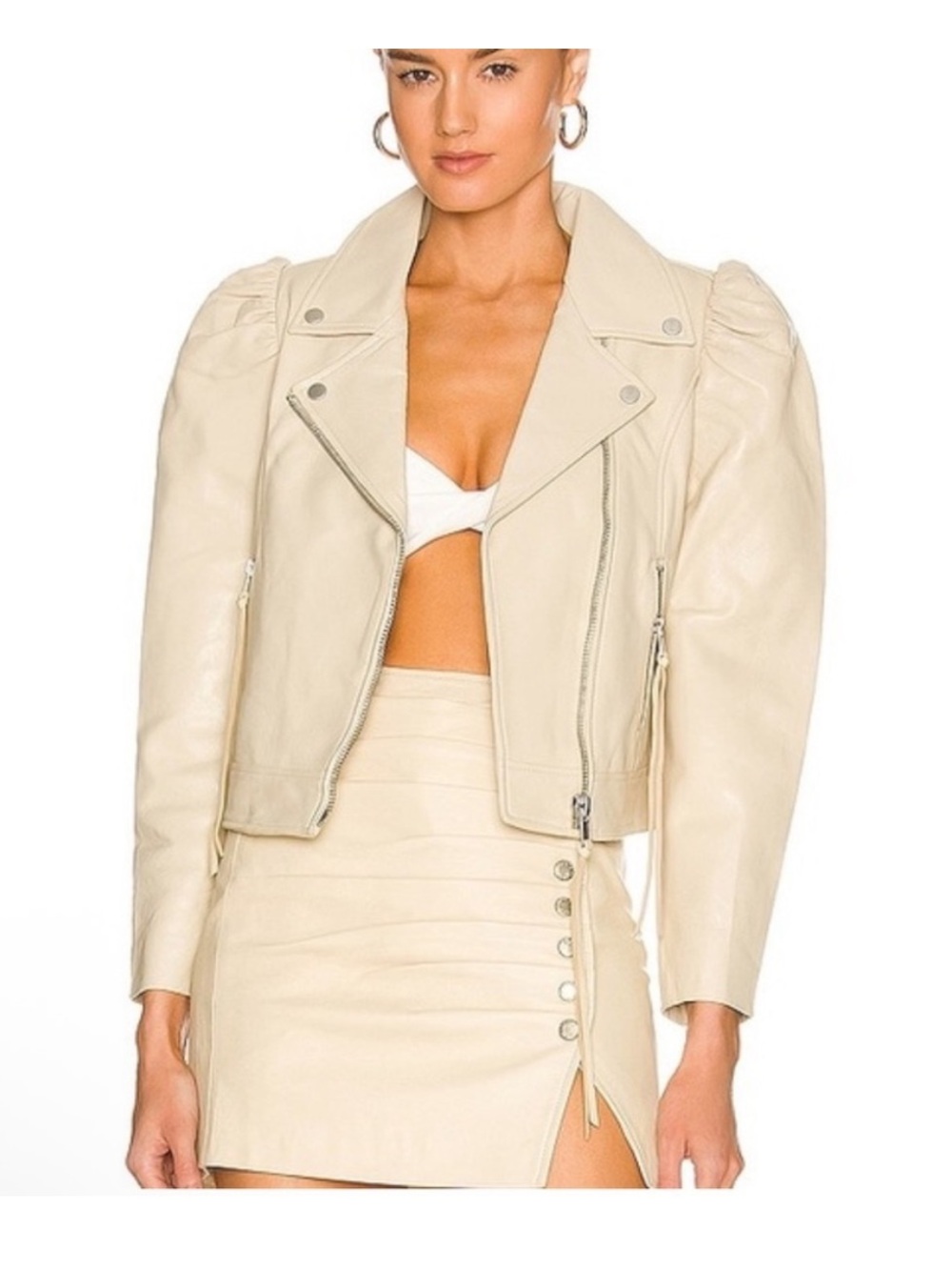 Retrofete Lo Cream Puff-Shoulder Leather Moto Jacket